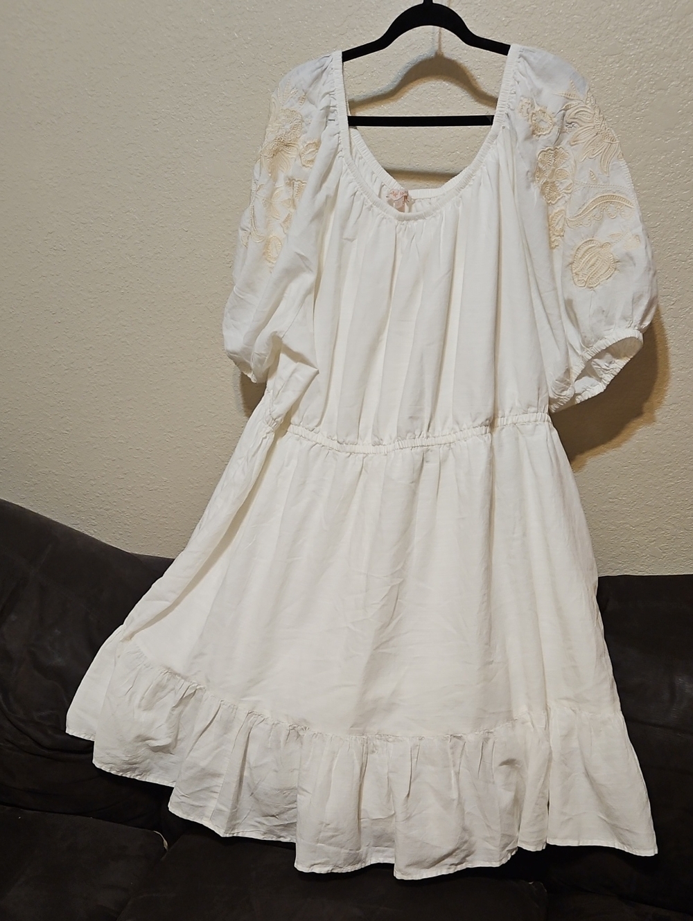 Knox Rose White Midi Dress with Cream Embroidered Puff Sleeves